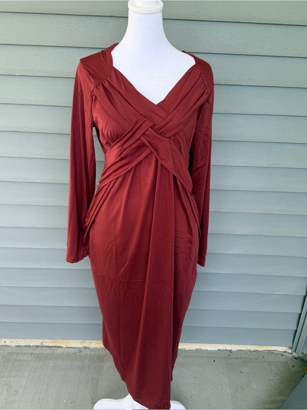 NWOT Deep Red V-Neck Long Sleeve Midi Dress w/ Pockets Small Fall Winter Holiday